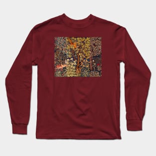 GREENERY,FOREST ANIMALS Pheasant on Autumn Tree,Squirrel,Hares,Red Yellow Floral Tapestry Long Sleeve T-Shirt